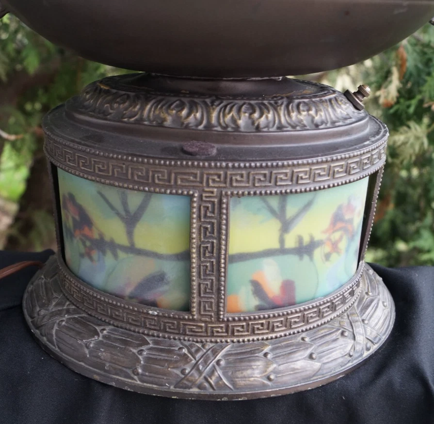 Lâmpada Epergne antiga 1910 - 1925 Art Nouveau MILLER painéis de vidro pintados reversos - Imagem 3 de 4