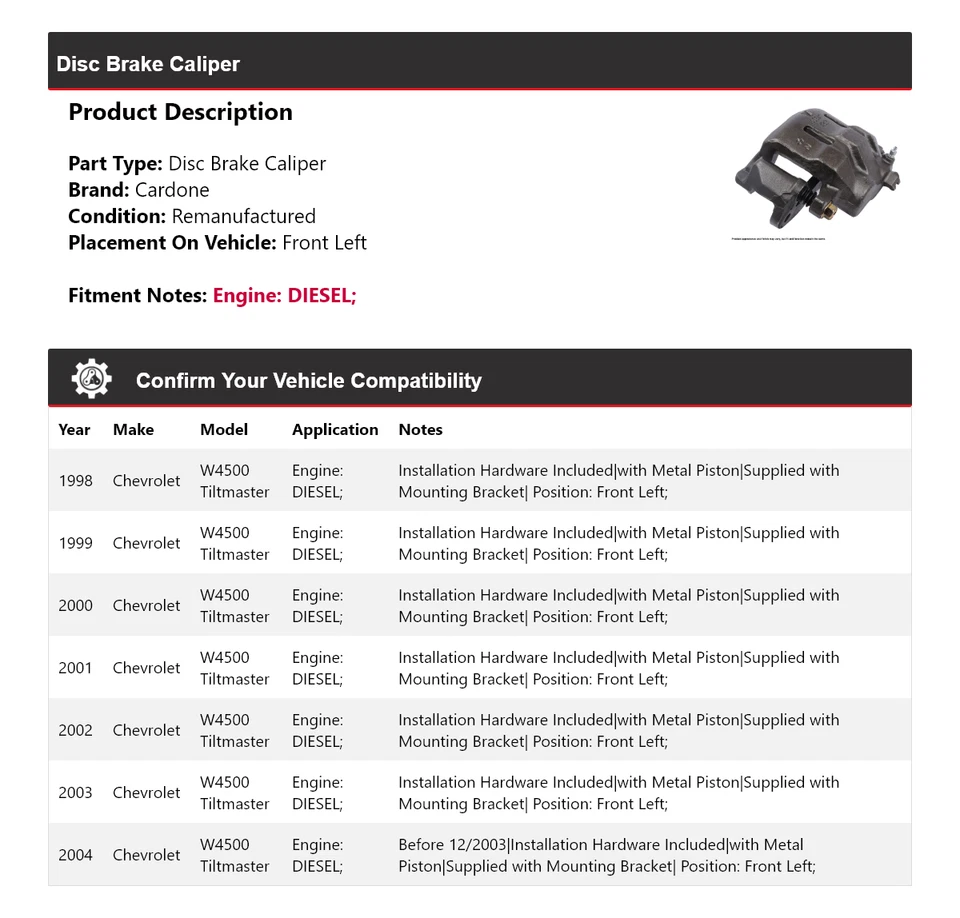 Pinza de freno diésel para Chevrolet W4500 Tiltmaster 1998-2004 Fr izquierda Cardone Foto 2 de 4