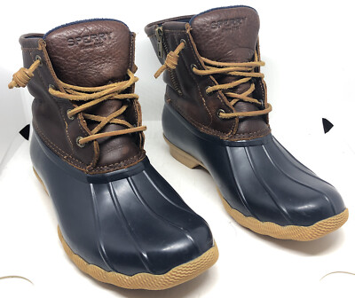 Sperry Brown Leather Navy Rubber Lace Up Zip Duck Boots Women’s Size M 