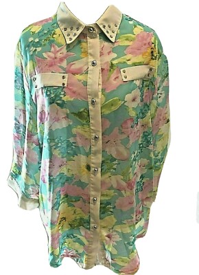 Vintage Blouse Hendi USA Women's Floral Sheer Retro Pastel Studs