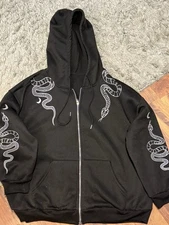 Goth Snake Graphic Zip Up Drawstring Thermal Hoodie 2XL