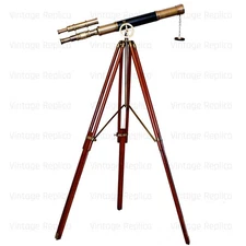 Handcrafted Telescope Brass on Leather Wooden Tripod - Vintage Collectible Style