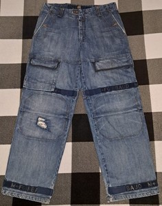 Marithe Francois Girbaud faded Denim Jeans, plad accents Blue Shuttle Straps 38"