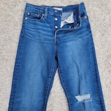 Levi Wedgie Straight Button Fly Distressed Denim Jeans Hi Rise Ankle Wmn's 27