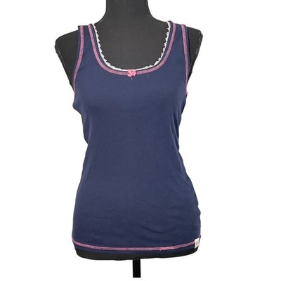 Tommy Hilfiger Y2K Lace Trim Ribbed Tank Small Bow Coquette Coastal Nautical