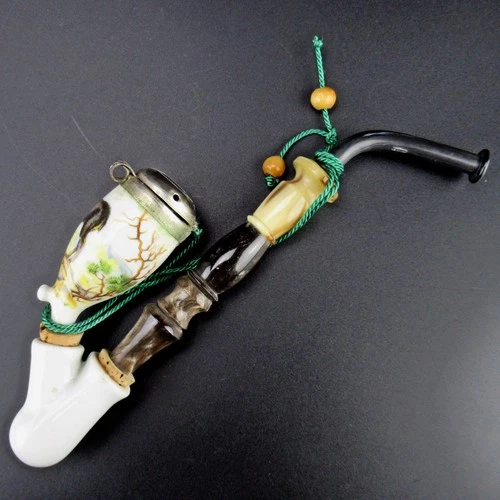 Hunter Pipe Wood + Porcelain Head & Juice Bag Chamois Decor Arrangement Pipe Vintage
