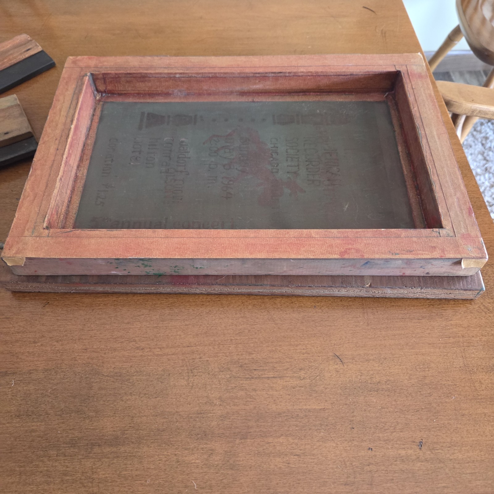 Vtg Silk Screen Wooden Printing Frame Chicago Recorder Society Merry Christmas