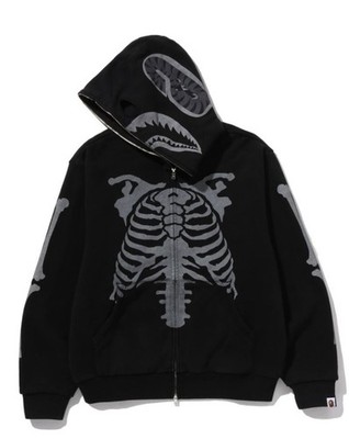auth ape bape skeleton shark heavy washed cropped fit full zip