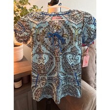 Koi by Kathy Peterson Scrub Top XS Blue Brown Medallion Print Cotton NWT