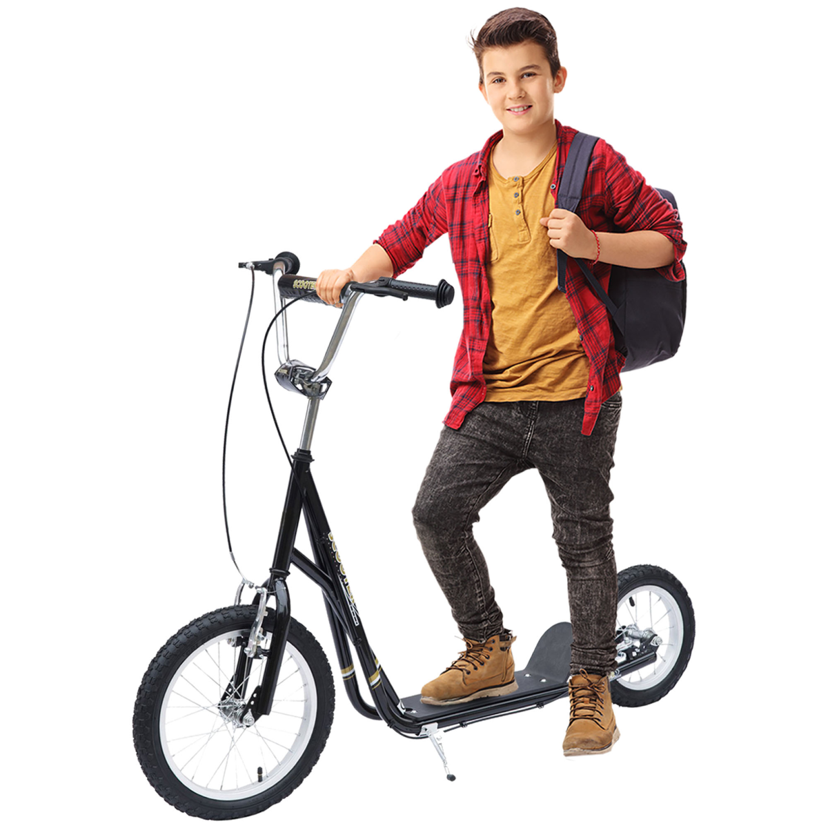 Homcom Teen Scooter Adjustable Height Dual Brakes Rubber Wheels Kickstand, Black - Image 2