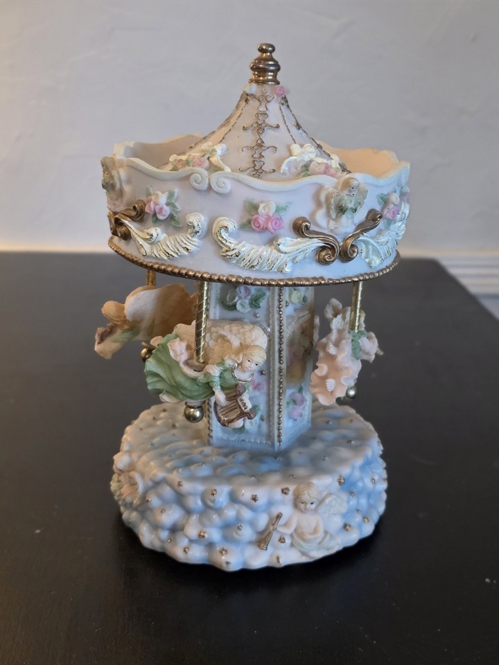 Vintage Pastel Musical Carousel Figurine Featuring Sculpted Angelic Figures 10"