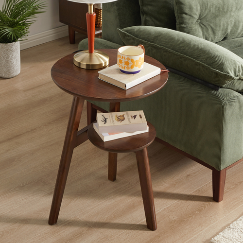 100% Solid Wood 2-Tier Round Side Table End Table with Lower Storage ...
