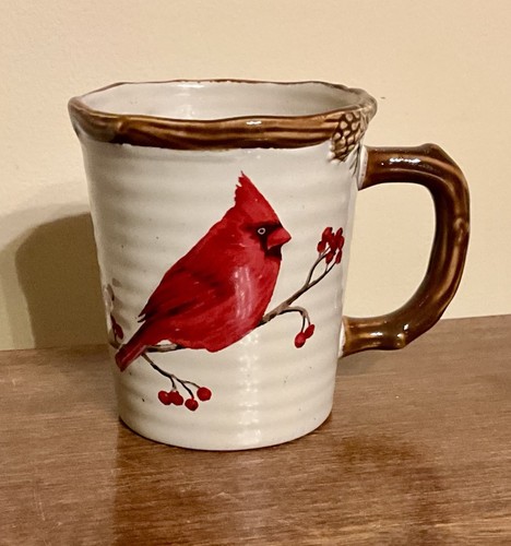 St. Nicholas Square SNOW VALLEY Cardinal Pine Cone Embossed Mug 16 Oz. EXCELLENT