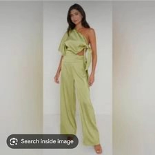 Pretty Lavish UK 10 Satin Cut Out Tie Jumpsuit Olive Green Wide Leg
