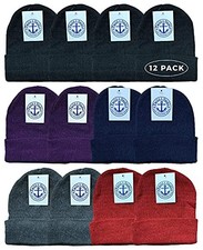 12 Pack Black Beanies, Bulk Thermal Winter Hat Solid Black Assorted
