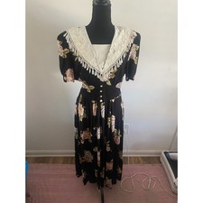 Vintage Black Floral Maxi Dress Puff Sleeve Lace Collar Button Front Midi