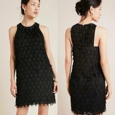Anthropologie Roxie Black Fringe Mini Dress Textured Sleeveless Size 2 Party