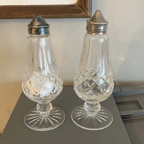 $$reduced Waterford LISMORE pr Footed Salt/PEPPER SHAKERS 6" ESPN SILVER TOPS