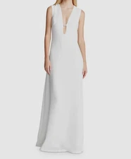 Halston Women's White Embellished Plunge V-Neck Rene A-Line Dress Size 2