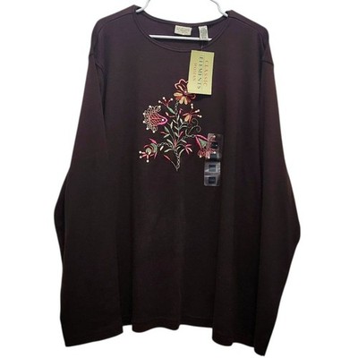Classic Elements Plus 24/26W Brown Long Sleeve Tee Multicolor Embroidered Floral
