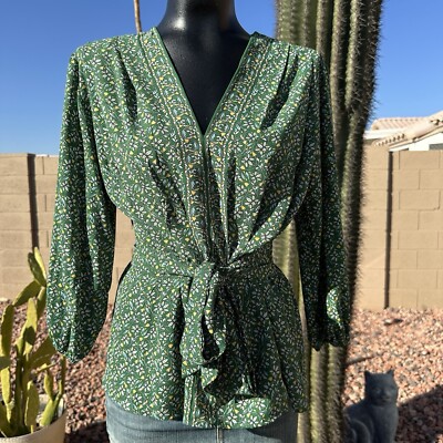 NWT Max Studio Green Floral V-Neck Pleated Tie Front Blouse Size Small