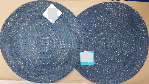 Set of 2 Same Round Woven Polypropylene Placemats(appr.15") BLUE WITH WHITE DOTS - Picture 2 of 8