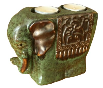 Elephant Votive Candle Holder Green Pottery Asian Art Minimalist Chic Boho Zen