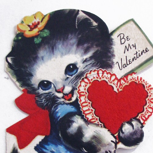 Tarjeta de San Valentín troquelada vintage, gato con corazón, terciopelo rojo difuso, 6""x4,5", como nueva - Imagen 2 de 5