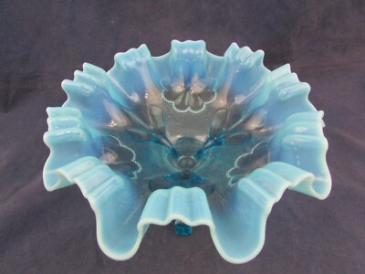 Vintage Northwood French Blue Opalescent Daisy Plume Footed Rose Bowl **AS IS**