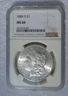 1884-S Morgan $1 NGC Certified MS60 MS Graded San Francisco Silver Dollar Coin