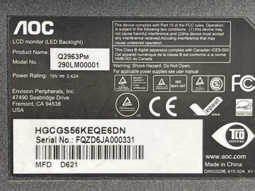AOC Q2963PM 29" Ultrawide LED LCD Monitor 21:9 2560x1080 Resolution 290LM00001 - Picture 6 of 16