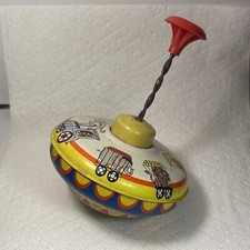 Vintage Ohio Art Spinning Top Toy Tin Litho Circus Animal Train Red Knob USA