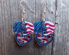 Browning Deer And Doe Head Heart Silhouette Charms On Flag Guitar Pick Earrings