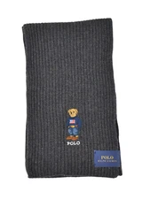 Polo Ralph Lauren Grey Cotton Wool Flag Sweater Bear Scarf 9" x 74" New