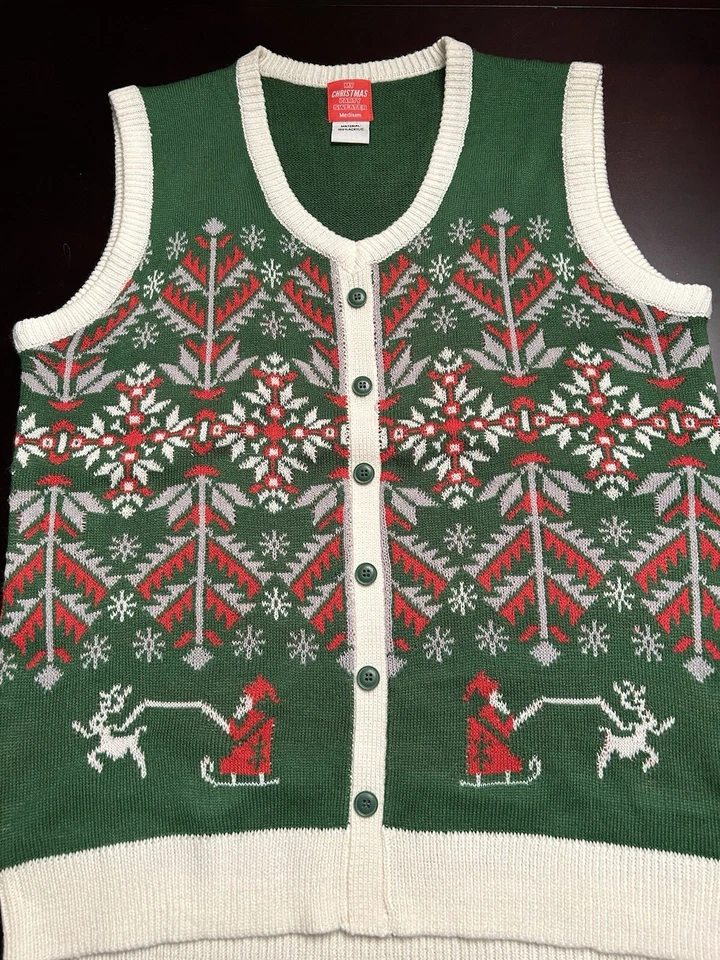 My Christmas Party Sweater Vest Ugly Adult Medium Green Pullover V-neck Nordic - Image 2 of 4