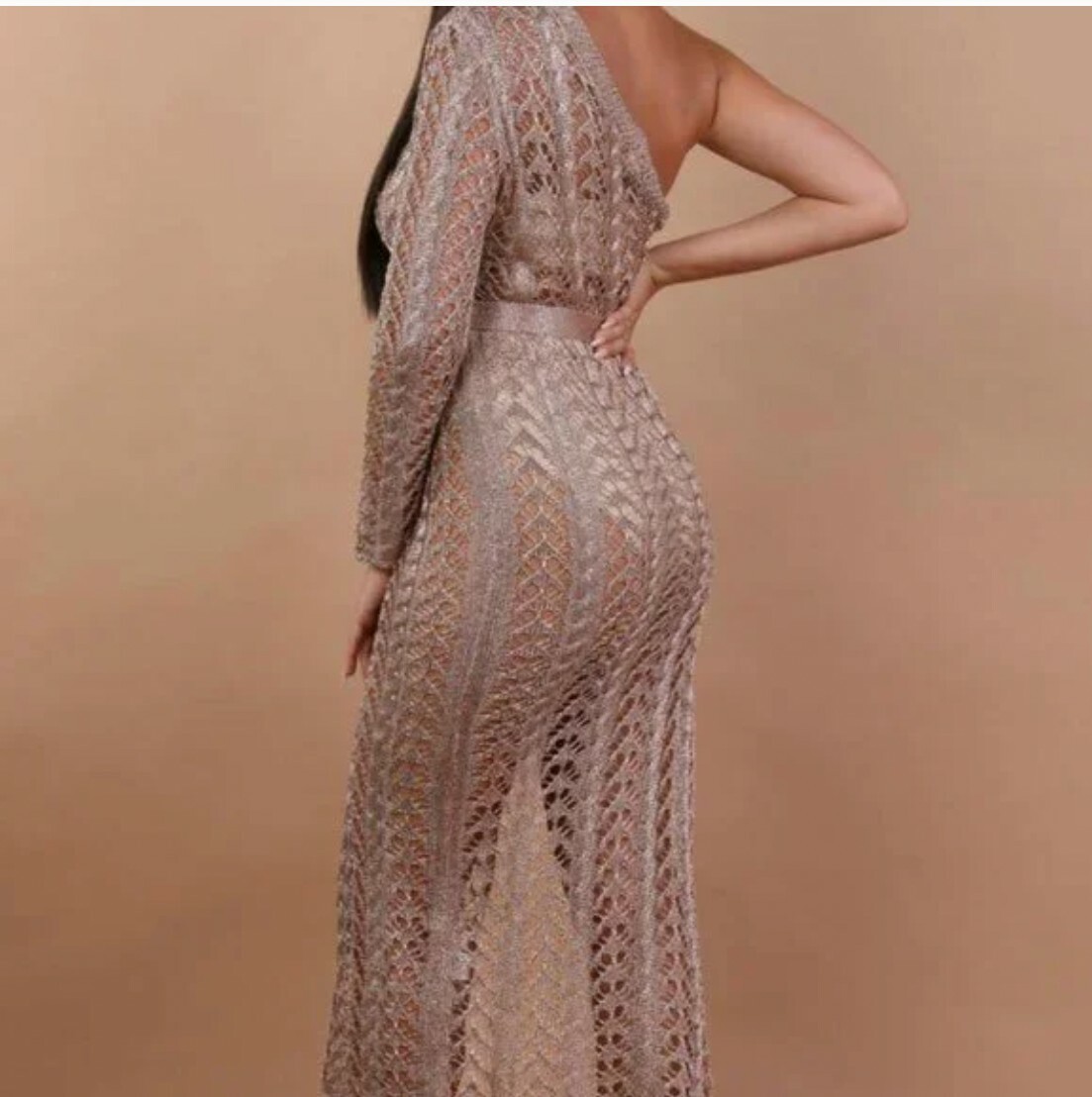 Rose Gold Metallic Knit Crochet Asymmetrical Midi Dress | eBay