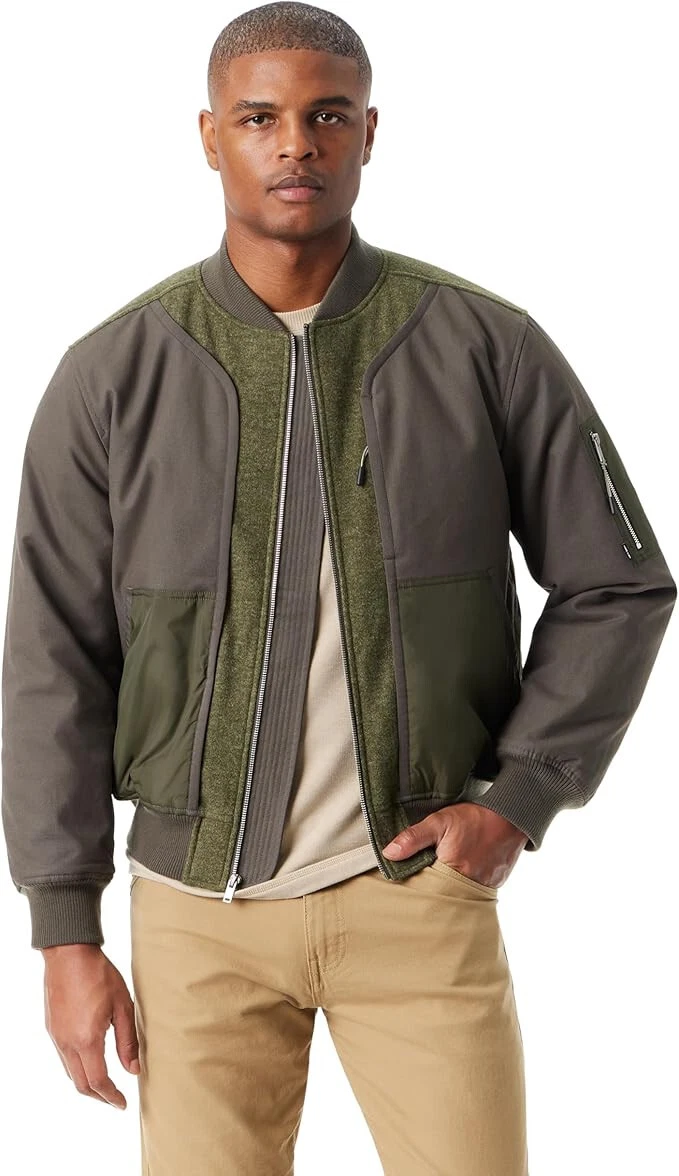 BASS OUTDOOR Men's Hero Mix Media Zip Up Front Bomber Jacket | Beluga | Small