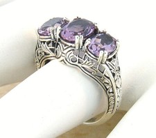 NATURAL AMETHYST 925 STERLING SILVER 3 THREE STONE ANTIQUE STYLE RING    553