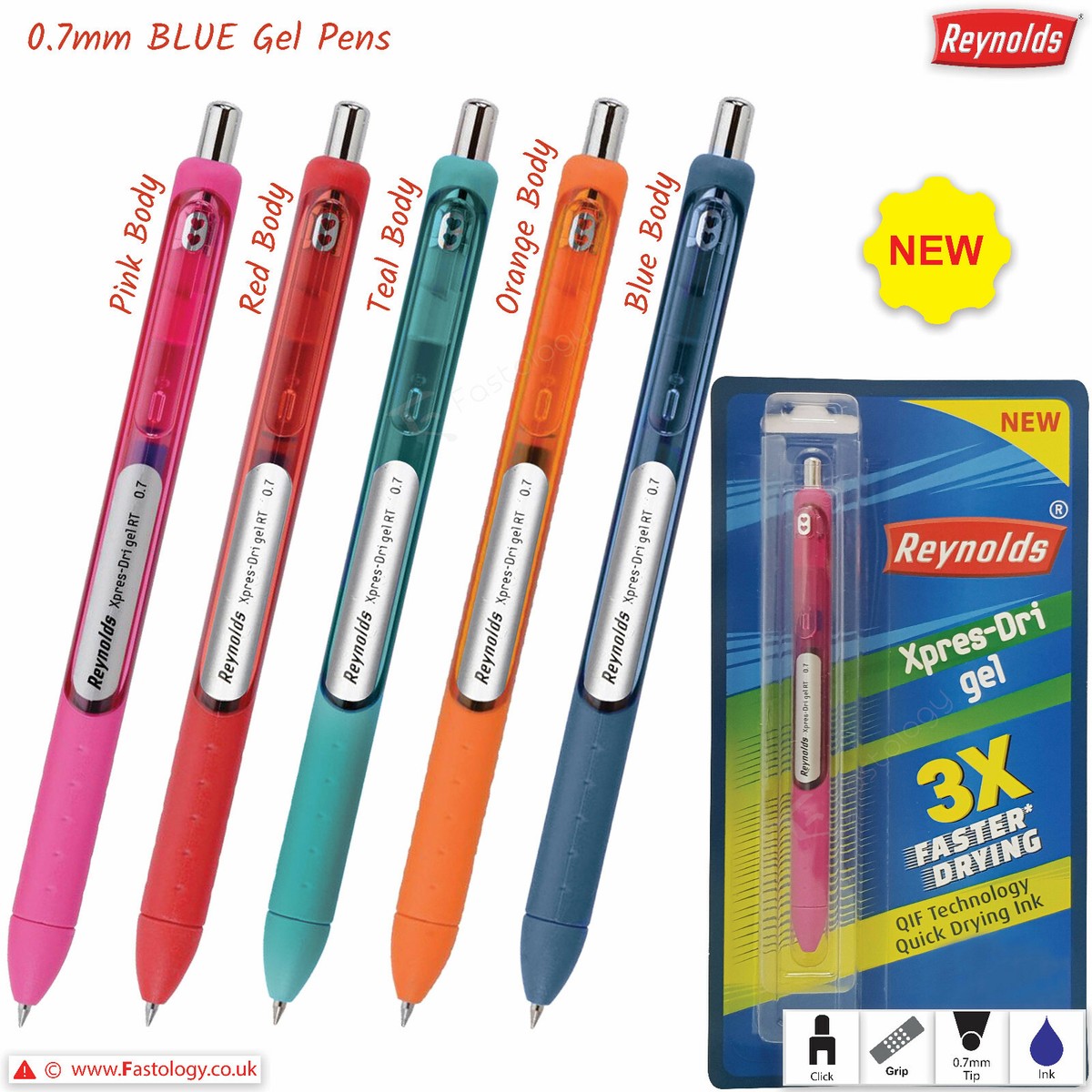 REYNOLDS Xpress-Dri Tip BLUE Retractable Gel Pen 3x Faster Drying QIF  Tech