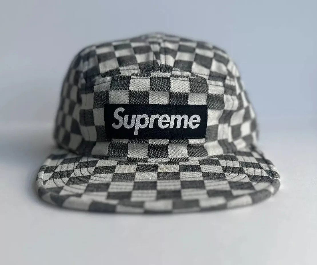 Casquette de camp tissée tissée logo Supreme Box noir blanc à carreaux SS18 NYC AUTHENTIQUE neuve