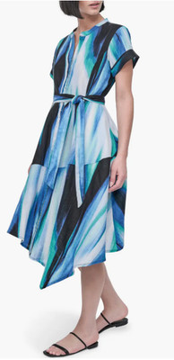 DKNY Linen Midi Dress Sz 10 Blue Fit & Flare Pointed Hem Button Down NWT JAN882