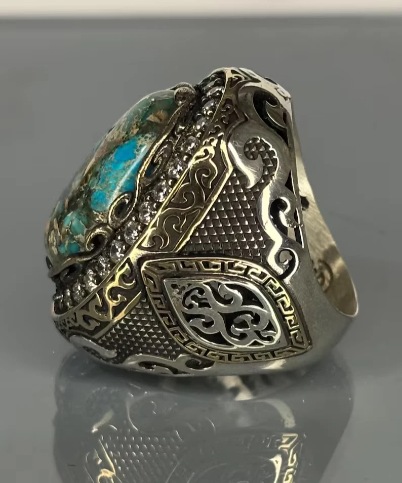 Sterling Silver Turquoise Ottoman Ring: Engraved Signet, Bronze Accent - Image 4 of 4