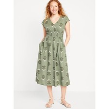 Old Navy Womens Waist Defined Midi Dress Size XL Smocked Boho Pockets Country