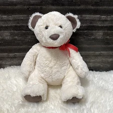 Aurora World White Teddy Bear ELENOR Brown Nose Red Bow Sitting Stuffed Plush