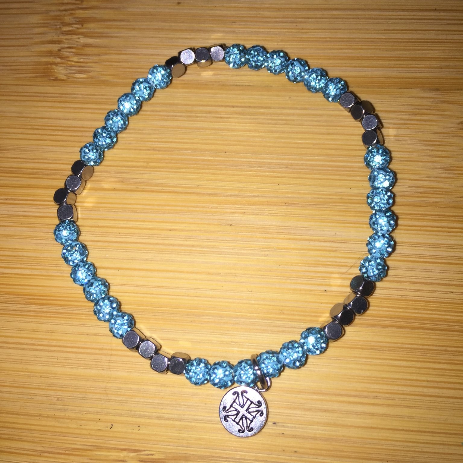 Pavé Crystal Stretch Bracelet Blue Rhinestone Silver Tone Charm Beaded