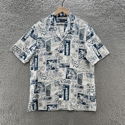 Ksubi Shirt Mens Medium White Blue Graffiti Royalty Heroism Button Up Streetwear