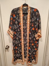 Max Studio Black Red Floral Long Kimono Cardigan Jacket Sz XS Boho Festival
