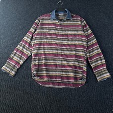 Uniqlo Mens Flannel Shirt L Multi Color Stripe Denim Collar Button Up 332-229417