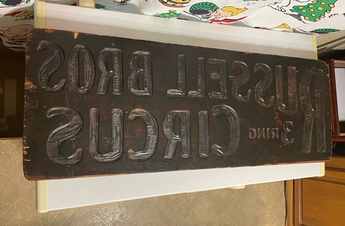 Antique Russell Bros 3-ring Circus Wood Carved print stamp block RARE-14X39in.