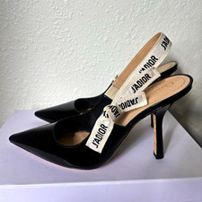 Christian Dior Women  s Black Patent Leather Slingback Heels Pointed Toe 9.5